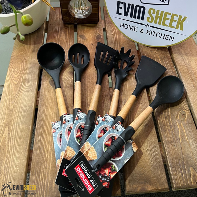 ابزار آشپزخانه سیلیکونی دسته چوبی شنگیا ست 6 عددی