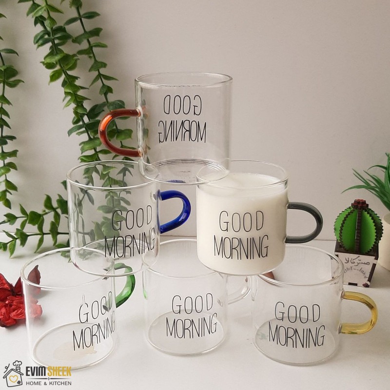 فنجان صبح‌ بخیر (good morning) دسته‌رنگی پیرکس