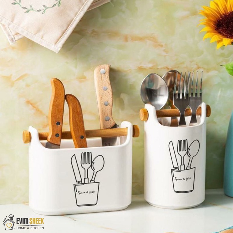 ‎ استند قاشق چنگال دسته چوبی سرامیکی