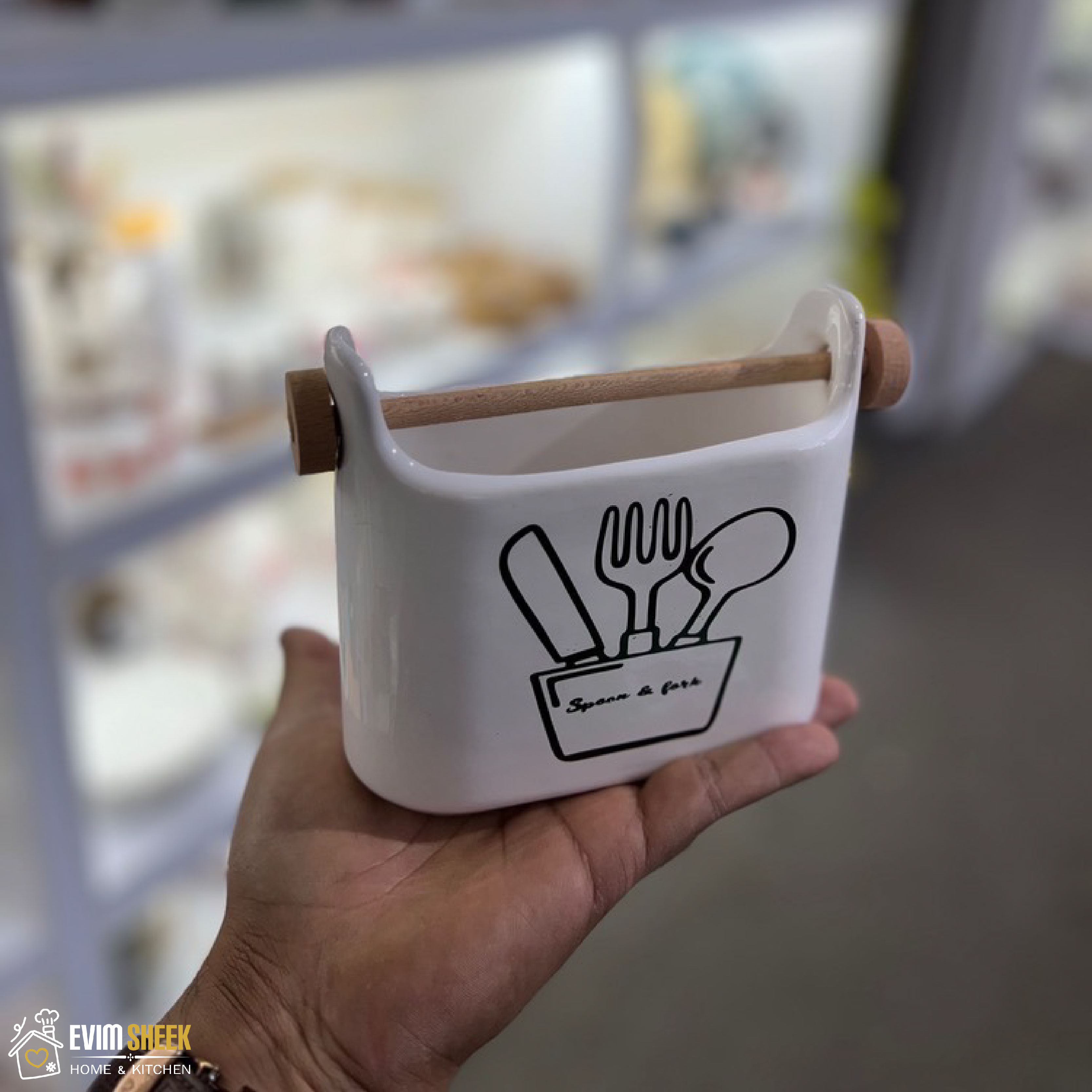 ‎ استند قاشق چنگال دسته چوبی سرامیکی