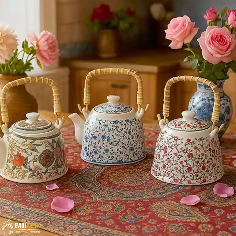 قوری دسته حصیری طرح گلدار