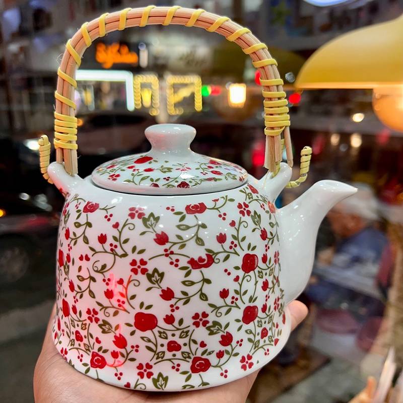 قوری دسته حصیری طرح گلدار